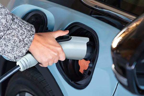 Detail shot of a Chevy charging port.