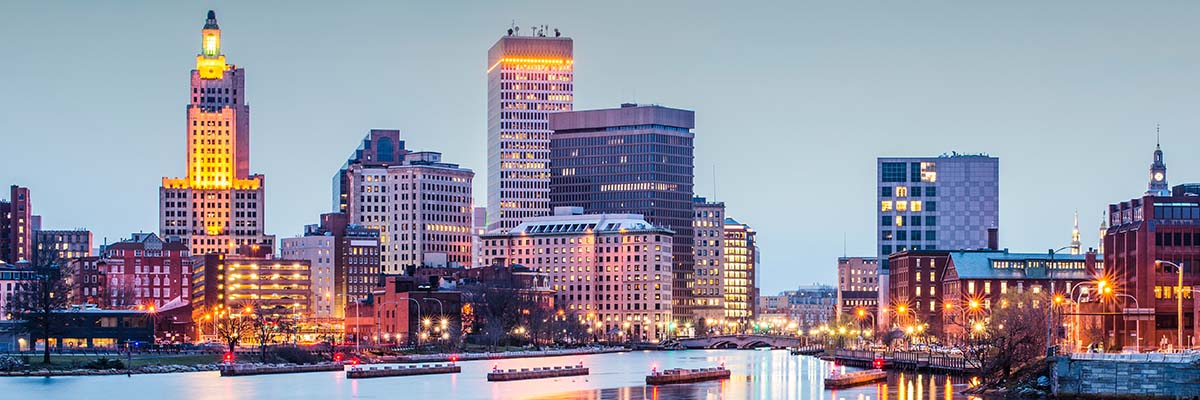 A skyline shot of Providence, Rhode Island at sunset.